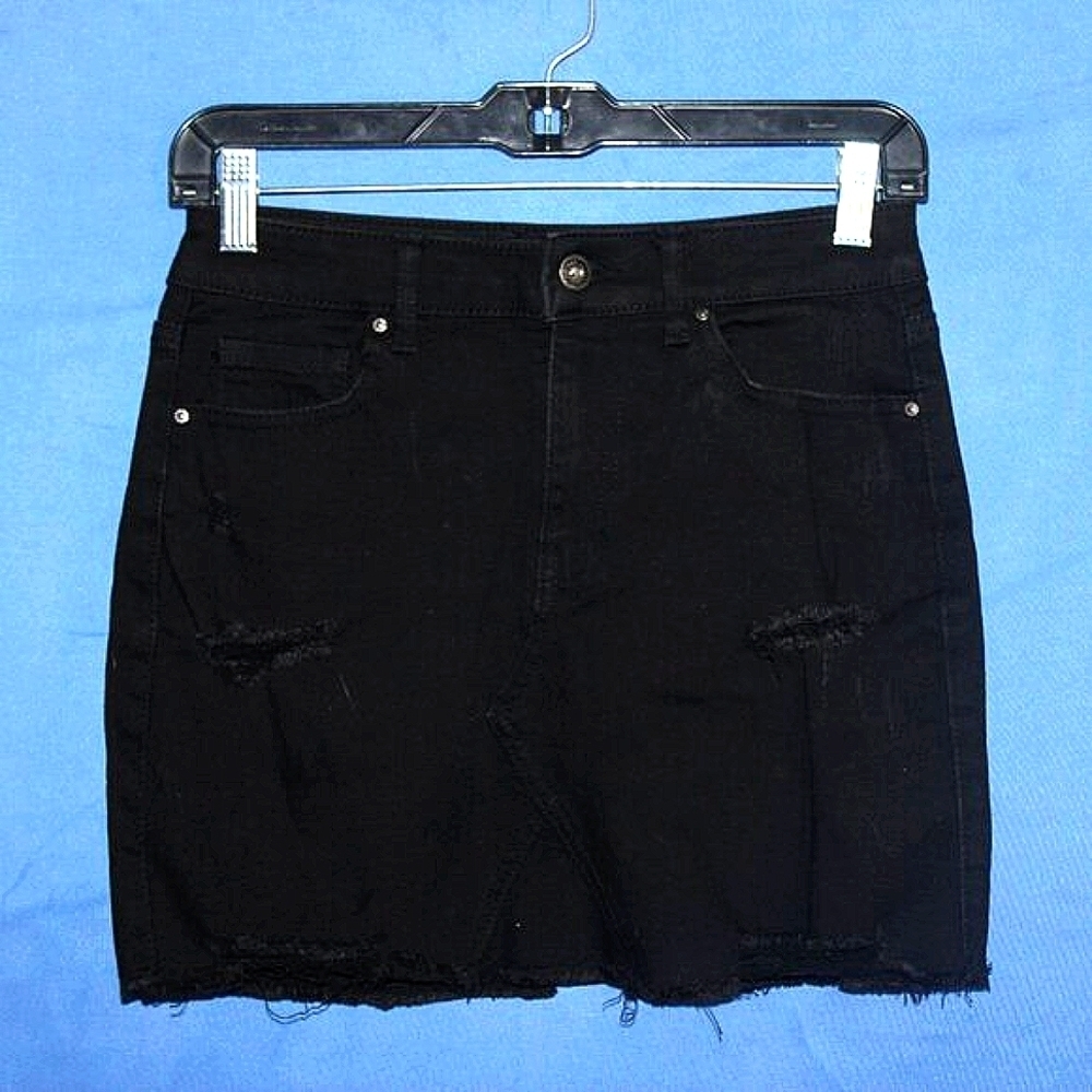 Wax Jean Distressed Denim Mini Skirt Black Small